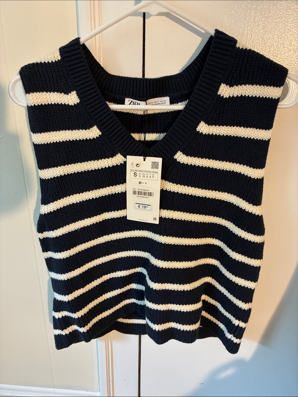 Zara Navy and White Striped V-Neck Sweater Vest